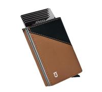 Jenoss Smart Wallet For Men: Full Grain Leather, Handcrafted, Slide Metal Pop Up Grey Case, Slim RFID Blocking Credit Card Holder, Compact 12 Cards Slot Organizers, ID, Money Clip(Brown & Grey)