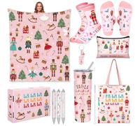 JenPen 10 Pcs Christmas Pink Nutcracker Ballet Gifts Basket Set for Women Nutcracker Lovers Include 20 oz Stainless Steel Tumbler Cosmetic Bag Throw Blanket Christmas Basket Stuff for Dancers Friend