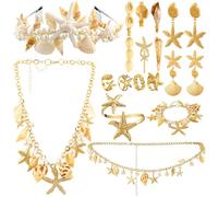 JenPen 16 Pcs Seashell Starfish Jewelry Set Necklace Headband Waist Chain Pearl Hair Clip Arm Band Starfish Ring Bracelet Conch Hairpin Earrings, Women Summer Body Jewelry Set