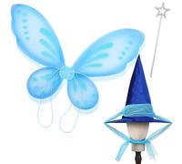 JenPen 3 Pcs Fairy Princess Costume Include Hat Butterfly Wings Star Wand for Women Halloween Fairy Dress up Birthday Supply(Blue)