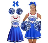JenPen 3 Pcs Halloween Cheerleader Costume for Women Adult Girls Cheerleader Outfit Set Cheerleading Uniform Dress for Party, Blue and Red, Large