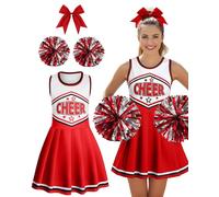 JenPen 3 Pcs Halloween Cheerleader Costume for Women Adult Girls Cheerleader Outfit Set Cheerleading Uniform Dress for Party, Red, Medium