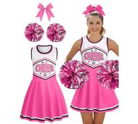 JenPen 3 Pcs Halloween Cheerleader Costume for Women Adult Girls Cheerleader Outfit Set Cheerleading Uniform Dress for Party, Pink, S