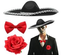 JenPen 3 Pcs Halloween Day of the Dead Mariachi Senor Adult Costume Accessory Silver Trim Black Sombrero, Bow Tie, Rose Decor