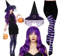 JenPen 3 Pcs Halloween Witch Costume Sets Vintage Witch Hat Purple Curly Synthetic Hair Horizontal Striped Tights Halloween Wig for Women Cosplay Party