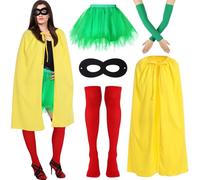 JenPen 5 Pcs Comics Green Yellow Red Costume Set for Adult Capes Masks Socks Gloves, Socks, Short Skirts for Halloween, Christmas, Cosplay, and Parties