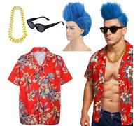 JenPen 5 Pcs Halloween Anime Cosplay Set Including Pompadour Blue Wig, Hawaiian Shirt, Sunglasses, Hair Net and Necklace for Male Party Occasions Carnival Accessories (L)