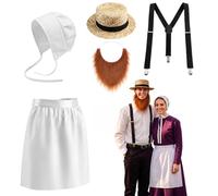 JenPen 5pcs Halloween Amish Costume Set for Couples Includes Straw Hat Brown Beard Y-shape Suspenders White Bonnet Waist Apron for Colonial Cosplay Classic Amish Cosplay Party Costumes