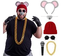 JenPen 6 Piece Hip Hop Mouse Costume Set for Funny Halloween Cosplay Accessories Kit with Red Beanie Hat, Mouse Ears Headband, Fake Nose, 2 Gold Chains, Round Sunglasses, Prop Microphone for Adults