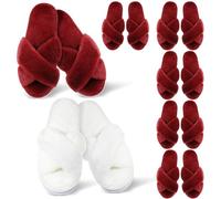 JenPen 7 Pairs Bridesmaids Slippers Women's Cross Band Fuzzy Bachelorette Party Slippers for Wedding Bridal Party, White,wine Red, One Size