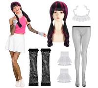 JenPen 7 Pcs Halloween Adult Costume Set Include Pink and Black Wig, Lace Collar, Lace Wrist Cuffs, Fishnet Gloves, Fishnet Stockings for Halloween Party