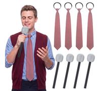 JenPen 8 Pcs Pitch Perfect Male Group Costume Accessories, 4 Red Striped Zipper Ties, 4 Silver Microphones Prop for Men a Cappella Group Band Halloween Cosplay Youth Musical Comedy Role Play