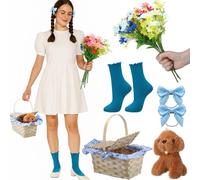 JenPen Halloween Costume Set for Women, Mini Picnic Basket, Storybook with Plush Dog, Blue Socks, Headband and Flowers, Book Figures, Costumes, Dress Outfits, Accessories