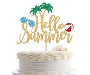 Jenrtvis Hello Summer Cake Topper, Summer Vibes Birthday Cake Topper, Tropic Hawaii Holiday Theme Party Decoration, Summer Beach Pool Party Cake Topper, Colorful Glitter