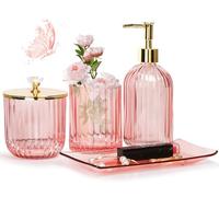 Jenseits Premium Pink Bathroom Accessories Set 4 pcs, Lotion Soap Dispenser, Soap Dish, Toothbrush Holder, Cotton Swab Jars, Pink Decorative Countertop Vanity Organizer
