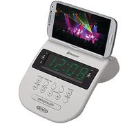 Jensen JCR295W Bluetooth Clock Radio with Cellphone Holder, Black/White
