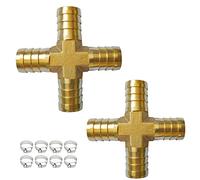 JENSWILL 2PCs 1/2" Brass Hose Barb Fitting 4 Way Cross Barbed Splicer Mender Union Fitting with 8PCs Hose Clamp for Oil Water Air