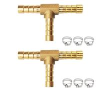 JENSWILL 2PCs 1/4" Brass Hose Barb Fitting Tee 3 way Barbed Splicer Mender Union Fitting with 6PCs Hose Clamp for Oil Water Air