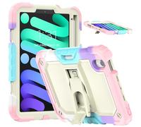 Jenyoog Case for 2024 iPad Mini 7 & 2021 iPad Mini 6,3 in 1 Heavy Duty Rugged Shockproof Silicone Cover for Kids,Built-in Kickstand & Shoulder Strap (Colorful Pink)
