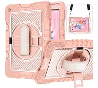 Jenyoog Case for iPad 6th Generation/iPad 5th Generation 9.7 inch,[Shoulder Strap] 3 Layer Rugged Heavy Duty Hard Silicone Shockproof Cover with Wristband Rotating Stand Handle (Rose Gold)