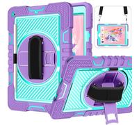 Jenyoog Case for iPad 6th Generation/iPad 5th Generation 9.7 inch,[Shoulder Strap] 3 Layer Rugged Heavy Duty Hard Silicone Shockproof Cover with Wristband Rotating Stand Handle (Purple + Mint)