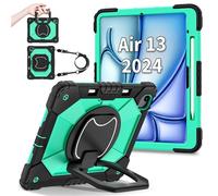 Jenyoog Case for iPad Air 13 Inch M3/M2 & Pro 12.9 Inch 6th/5th,Shockproof Heavy Duty Rugged Full-Body Protection Cover with Shoulder Strap/360 Rotatable Kickstand/Pencil Holder (Black + Mint)