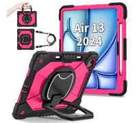 Jenyoog Case for iPad Air 13 Inch M3/M2 & Pro 12.9 Inch 6th/5th,Shockproof Heavy Duty Rugged Full-Body Protection Cover with Shoulder Strap/360 Rotatable Kickstand/Pencil Holder (Black + Hot Pink)