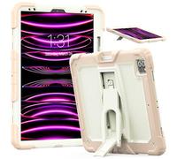 Jenyoog Case for iPad Pro 12.9" 6th/5th/4th/3rd Gen 2018/2020/2021/2022,3 in 1 Heavy Duty Rugged Shockproof Silicone Cover for Kids,Built-in Kickstand & Shoulder Strap (Beige+Pink)