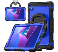 Jenyoog Case for Lenovo Tab 10.1 Inch 2025 TB311FU/TB311XU with Strong Screen Protector,Hand/Shoulder Strap,Rotating Stand,Pencil Holder (Black + Dark Blue)