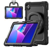 Jenyoog Case for Lenovo Tab 10.1 Inch 2025 TB311FU/TB311XU with Strong Screen Protector,Hand/Shoulder Strap,Rotating Stand,Pencil Holder (Black + Black)