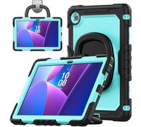 Jenyoog Case for Lenovo Tab 10.1 Inch 2025 TB311FU/TB311XU with Strong Screen Protector,Hand/Shoulder Strap,Rotating Stand,Pencil Holder (Black + Light Blue)
