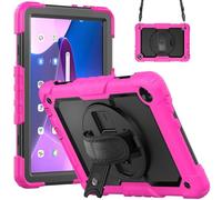 Jenyoog Case for Lenovo Tab M10 3rd Gen 10.1-inch 2022 TB-328FU/TB-328XU,3-Layer Foldable Stand Case with Screen Protector/360 Rotating Hand Strap/Shoulder Strap (Hot Pink+Black)