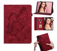 Jenyoog Case for Lenovo Tab M10 Plus 3rd Gen 10.6" 2022 (TB-125FU/TB-128FU/TB-128XU),Retro Butterfly Design Premium PU Cover with Pen Slot & Card Holder,Anti-Slip Strip & Elastic Band (Red)
