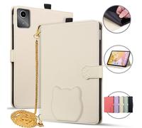 Jenyoog Case for Lenovo Tab M11/K11/Xiaoxin Pad 2024 11 inch,Card Holder Pencil Slot, PU Leather Shockproof Cute Cover with Anti Slip Strip Adjustable Stand,Metal Shoulder Strap. (Beige)