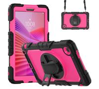 Jenyoog Case for Lenovo Tab One / K9 8.7 Inch 2025 Case TB305XU/TB305FU,3-Layer Foldable Stand Case with Screen Protector/360 Rotating Hand Strap/Shoulder Strap (Black+Hot Pink)