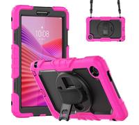 Jenyoog Case for Lenovo Tab One / K9 8.7 Inch 2025 Case TB305XU/TB305FU,3-Layer Foldable Stand Case with Screen Protector/360 Rotating Hand Strap/Shoulder Strap (Hot Pink+Black)