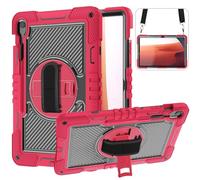 Jenyoog Case for Samsung Galaxy Tab A7 10.4 Inch 2022/2020 SM-T500/T505/T507,[Shoulder Strap]3 Layer Rugged Heavy Duty Hard Silicone Protective Cover with Rotating Stand Handle (Red + Black)