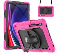 Jenyoog Case for Samsung Galaxy Tab S10 Lite/S10 FE/S9/S9 FE 5G Tablet,3-Layer Foldable Stand Case with Screen Protector/360 Rotating Hand Strap/Shoulder Strap/Pencil Holder (Hot Pink+Black)