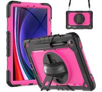 Jenyoog Case for Samsung Galaxy Tab S10 Lite/S10 FE/S9/S9 FE 5G Tablet,3-Layer Foldable Stand Case with Screen Protector/360 Rotating Hand Strap/Shoulder Strap/Pencil Holder (Black+Hot Pink)