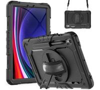 Jenyoog Case for Samsung Galaxy Tab S10 Lite/S10 FE/S9/S9 FE 5G Tablet,3-Layer Foldable Stand Case with Screen Protector/360 Rotating Hand Strap/Shoulder Strap/Pencil Holder (Black+Black)