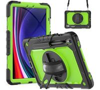 Jenyoog Case for Samsung Galaxy Tab S10 Lite/S10 FE/S9/S9 FE 5G Tablet,3-Layer Foldable Stand Case with Screen Protector/360 Rotating Hand Strap/Shoulder Strap/Pencil Holder (Black+Green)