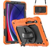Jenyoog Case for Samsung Galaxy Tab S10 Lite/S10 FE/S9/S9 FE 5G Tablet,3-Layer Foldable Stand Case with Screen Protector/360 Rotating Hand Strap/Shoulder Strap/Pencil Holder (Orange+Black)