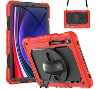 Jenyoog Case for Samsung Galaxy Tab S10 Lite/S10 FE/S9/S9 FE 5G Tablet,3-Layer Foldable Stand Case with Screen Protector/360 Rotating Hand Strap/Shoulder Strap/Pencil Holder (Red+Black)