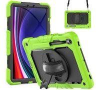 Jenyoog Case for Samsung Galaxy Tab S10 Lite/S10 FE/S9/S9 FE 5G Tablet,3-Layer Foldable Stand Case with Screen Protector/360 Rotating Hand Strap/Shoulder Strap/Pencil Holder (Green+Black)