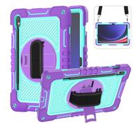 Jenyoog Case for Samsung Galaxy Tab S10 Lite/S10 FE/S9/S9 FE 5G Tablet,[Shoulder Strap] Rugged Heavy Duty Hard Silicone Shockproof Cover with Wristband Rotating Stand Handle (Purple + Mint)