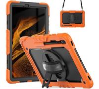 Jenyoog Case for Samsung Galaxy Tab S8 Plus 2022/S7 FE 2021/S7 Plus 2020 12.4 Inch,3-Layer Stand Case with Screen Protector/360 Rotating Hand Strap/Shoulder Strap/Pencil Holder (Orange+Black)