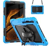 Jenyoog Case for Samsung Galaxy Tab S8 Plus 2022/S7 FE 2021/S7 Plus 2020 12.4 Inch,3-Layer Stand Case with Screen Protector/360 Rotating Hand Strap/Shoulder Strap/Pencil Holder (Light Blue+Black)