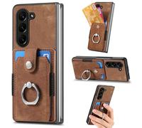 Jenyoog Case for Samsung Galaxy Z Fold 7,Elastic Card Holder,Shockproof PU Protective Rotating Metal Ring Magnetic Car Mount Supported Cover for Samsung Galaxy Z Fold 7. (Brown)