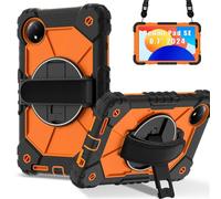 Jenyoog Case for Xiaomi Redmi Pad SE 8.7 Inch 4G 2024, Shockproof Heavy Duty Cover with Hand Strap & 360 Rotatable Kickstand & Shoulder Strap (Black + Orange)