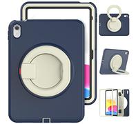 Jenyoog for iPad 10th Generation 2022 iPad 10.9 Inch Case, Shockproof Protective Rugged Case with Pencil Holder/ 360° Swivel Stand/Handle Grip for 10.9” iPad 10th Gen 2022 Release (Cream+Navy)
